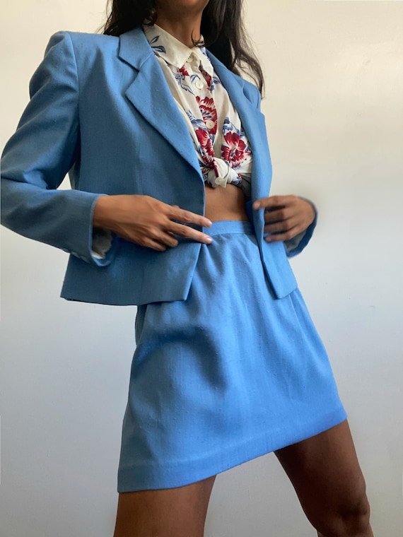 Vintage Reworked 1960s Baby Blue Womens Suit Set.