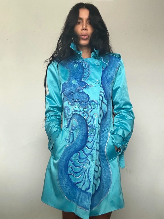 Y2K Hand Painted Blue Dragon Trench - image 3