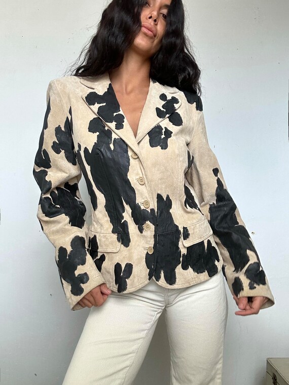 Vintage Hand Painted Cow Print Leather Jacket Gem