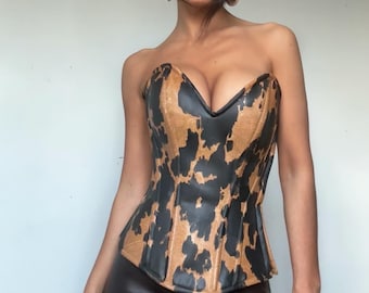 Reworked Vegan Leather Corset With Hand Painted Cow Print