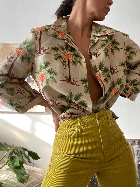 Vintage Tropical Print Silk Blouse