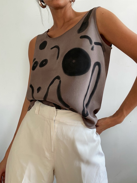 Custom Vintage Hand Painted Silk Sleeveless Blouse
