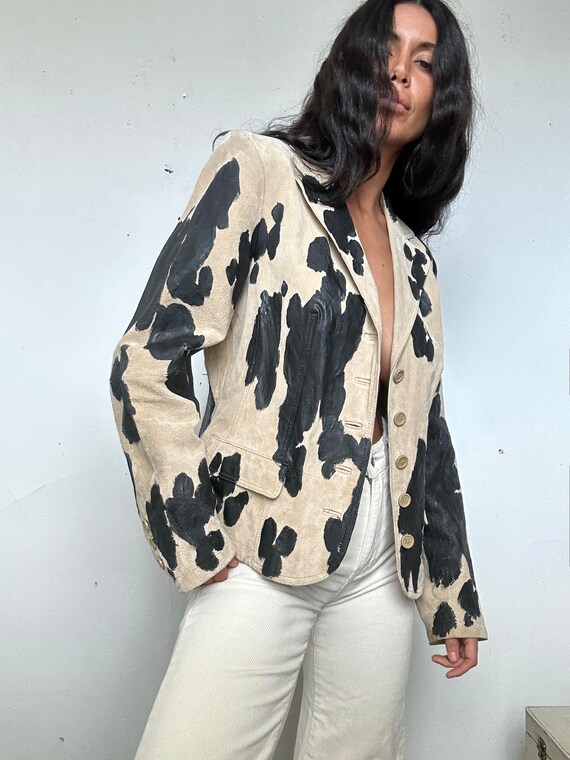 Vintage Hand Painted Cow Print Leather Jacket Gem