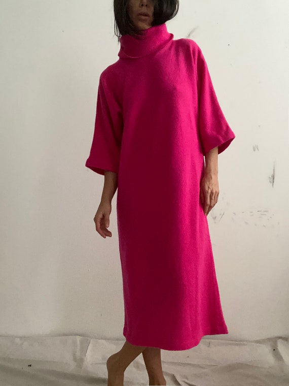 Vintage 1980s Hot Pink Wool Turtle Neck Dress