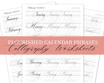 Flourished Calligraphy Tracing Worksheets—Calendar Phrases