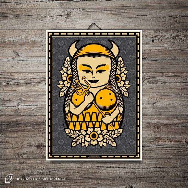 Maude Lebowski Matrjosjka Konsttryck - Stor Lebowski Viking Valkyrie Häckande Dockillustration - Kultklassisk Folkkonst Poster