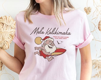 Mele Kalikimaka Hawaii Shirt, Hawaiian Christmas Shirt, Surfing Santa Shirt, Happy New Year Shirt, Christmas Gift Tee, Family Holiday Shirt