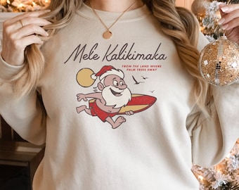 Mele Kalikimaka Hawaii Christmas Sweatshirt, Surfing Santa