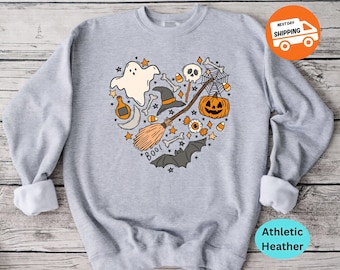Spooky Halloween Sweatshirt, Ghost Skeleton Pumpkin Shirt, Witchy Fall Crewneck, Cute Halloween Collage Tee, Spooky Season Gift for Her
