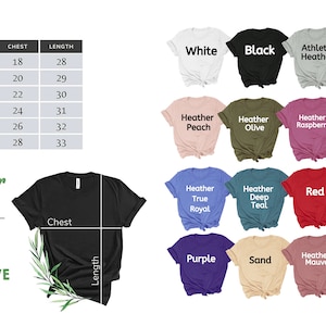 May include: Size and color chart for a unisex jersey short sleeve t-shirt. The chart shows sizes from S to 3XL with corresponding chest and length measurements in inches. The chart also shows 14 different color options for the t-shirt, including white, black, heather peach, heather olive, heather raspberry, heather navy, heather true royal, heather deep teal, red, pink, purple, sand, heather mauve, and heather maroon.