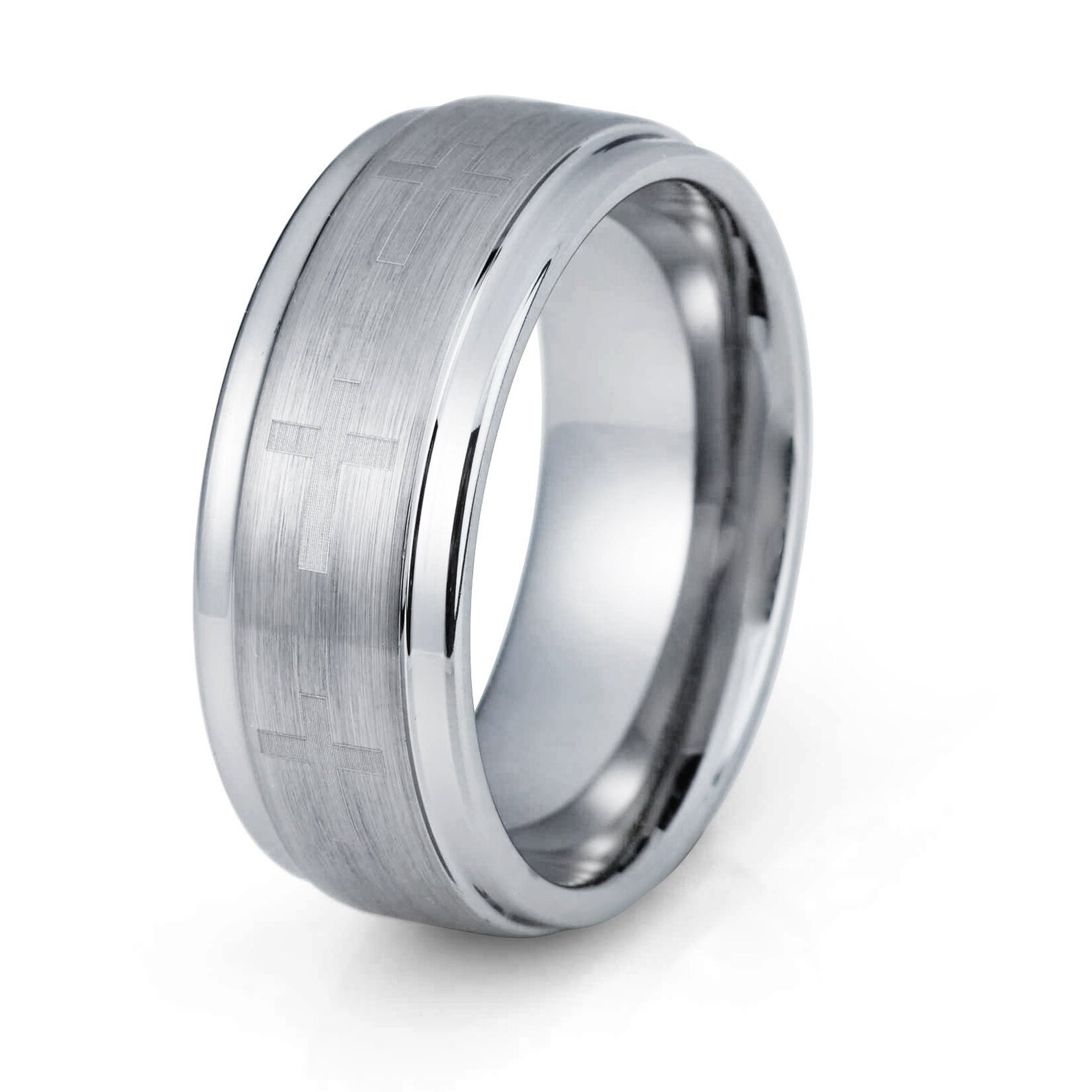 Tungsten Ring Brushed Mens Wedding Band 7mm Silver Cross