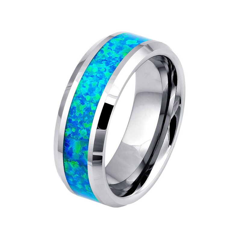 Tungsten Ring Sky Blue Opal Ring Mens Wedding Band Sky