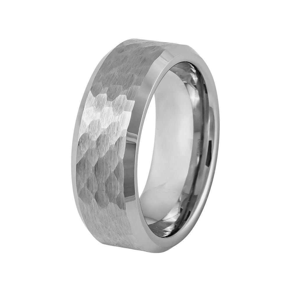 Tungsten Ring Hammered Mens Wedding Band 8mm Silver Tungsten Etsy