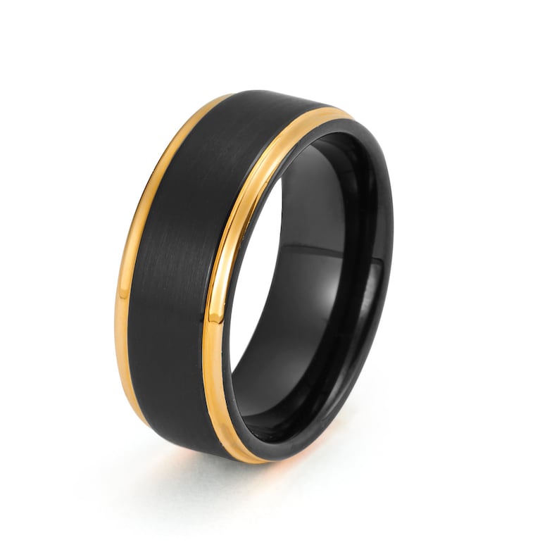 Yellow Gold Tungsten Ring Black Gold Wedding Band 8mm Tungsten Carbide Mens Wedding Band Engagement Band For Man Annivesary Black Gold Ring