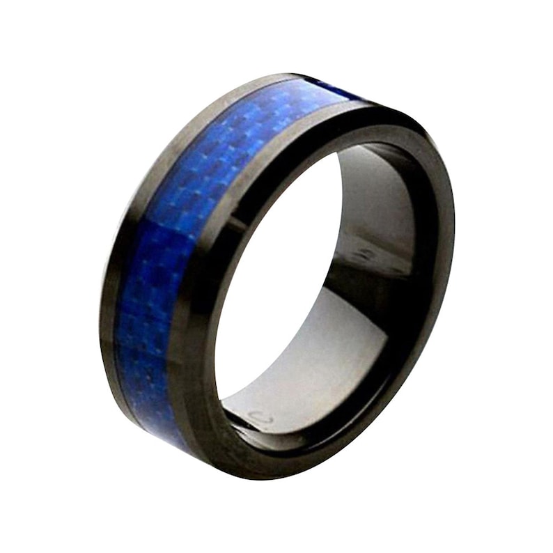 8mm Men's Ceramic Black with Blue Carbon Fiber Wedding Band Ring 8mm Men's Ceramic Black with Blue Carbon Fiber Wedding Band Ring