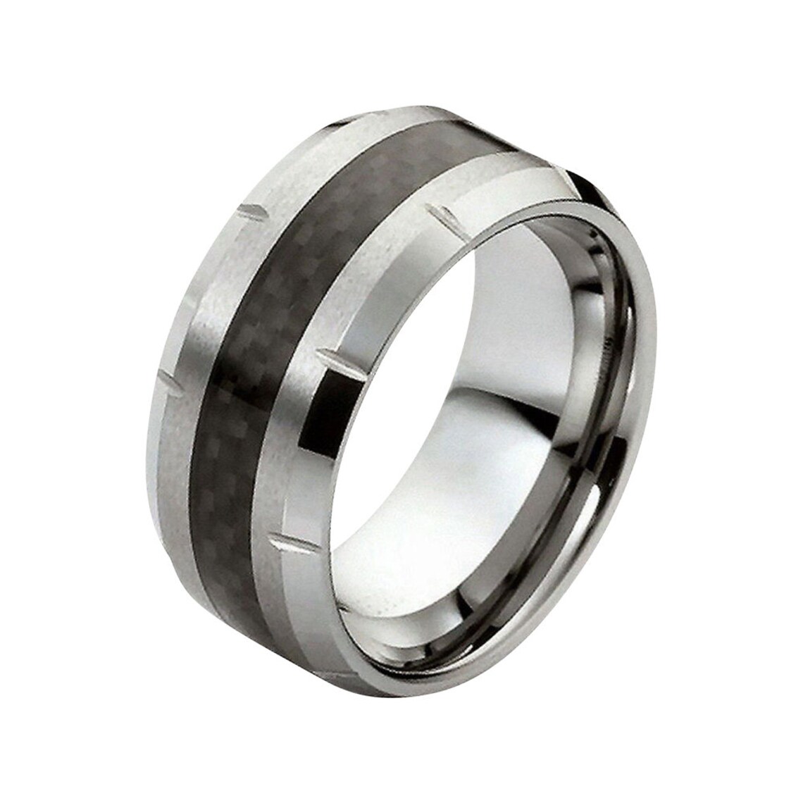 Tungsten Ring Carbon Fiber Mens Wedding Band 10mm Silver