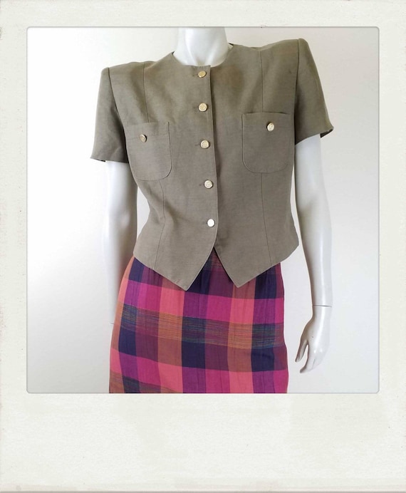 Vintage 80s Khaki Linen Cropped Blazer / Short Sle