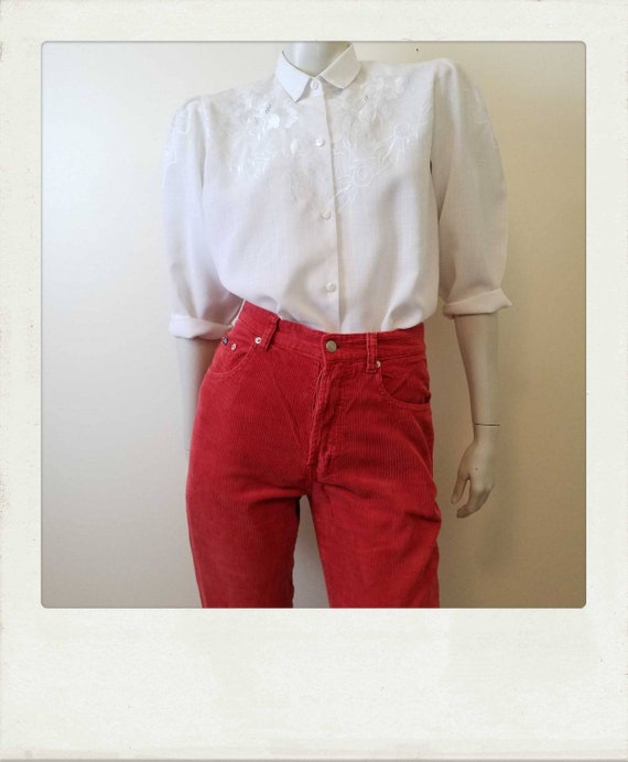 Vintage 80s White Embroidered Blouse with Mutton C