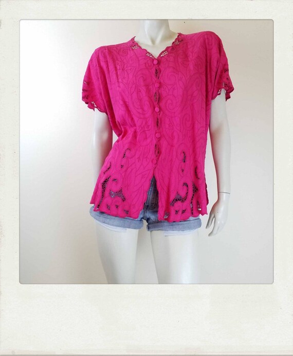 Vintage 80s Hot Pink Beach Blouse / Boho / Hippy /
