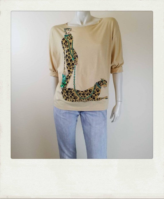 Vintage 80s Sequin Graphic T-Shirt / Leopard / Fes