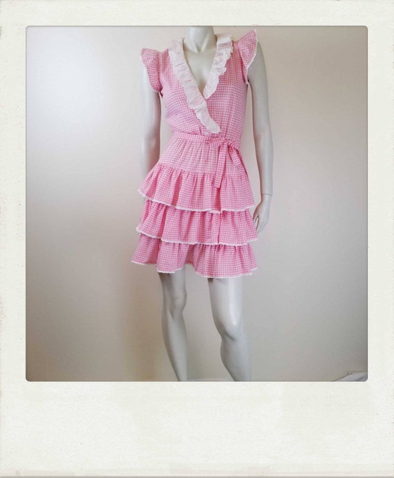 Vintage 80s Pink Gingham Rah Rah Dress / Ruffles /