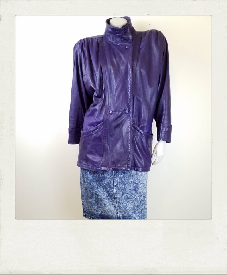 Vintage 80s Supersoft Purple Leather Jacket Double Breasted Oversized Hipster Rockstar Festival