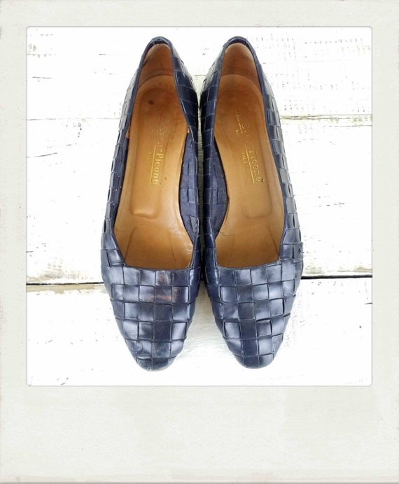 Vintage 80s Italian Navy Leather Woven Wedge Heel