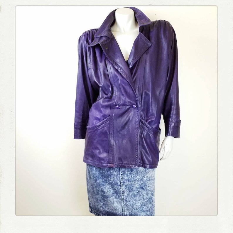 Vintage 80s Supersoft Purple Leather Jacket Double Breasted Oversized Hipster Rockstar Festival