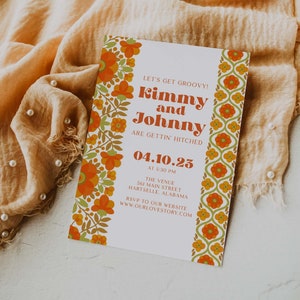 Retro Wedding Invitation, Vintage Style Wedding Invitation, Orange Floral Wedding Invite, Illustrated Wedding Invite, Themed Wedding Invite