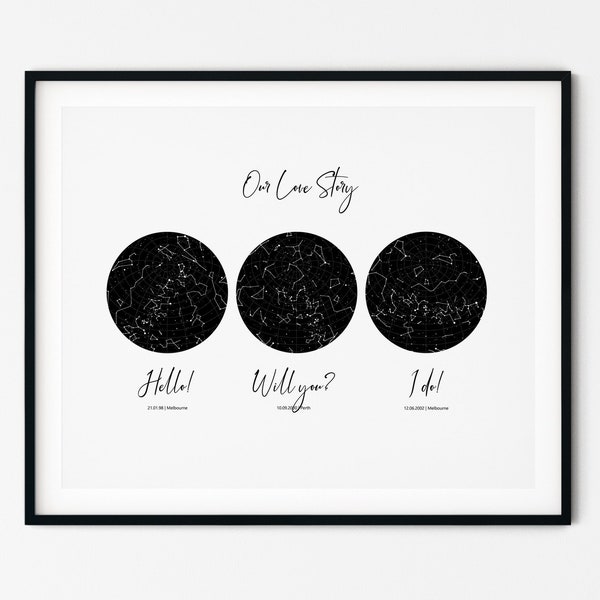 3 Sky Star Map, Custom Anniversary Gift, Personalized Gift for Him, Wedding Date Print, Custom Night Sky Print, Hello Will You I do, Digital