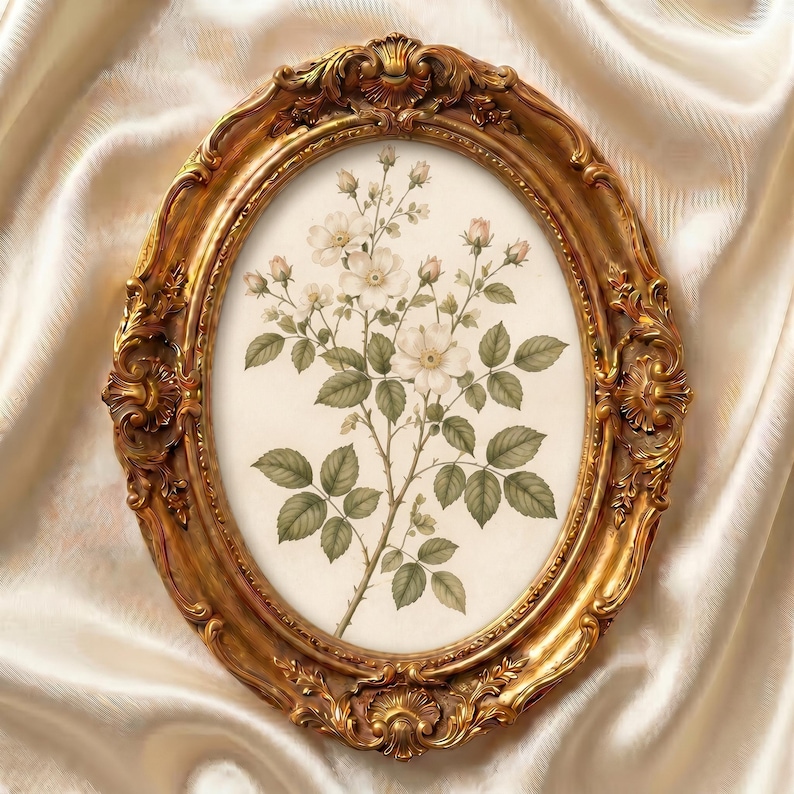 Cottagecore botanical gallery wall print set featuring antique-inspired watercolor botanicals.