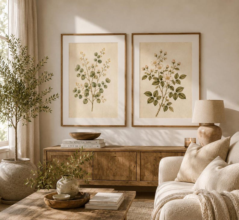 Farmhouse botanical wall art bundle displayed in elegant vintage frames.
