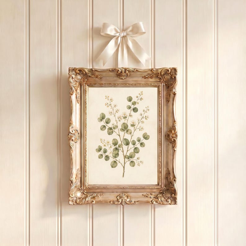 Soft sage green botanical artwork perfect for cottagecore and farmhouse interiors.