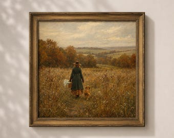 Puede incluir: Un cuadro de paisaje enmarcado que muestra a una figura con abrigo oscuro y sombrero caminando por un campo otoñal dorado junto a un perro pequeño. La escena presenta hierbas altas, árboles lejanos con follaje naranja y un cielo nublado.