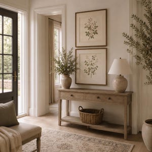 May include: A light brown wooden console table with two drawers and a lower shelf, featuring a woven wicker basket, a ceramic lamp with a white shade, and two framed botanical prints of green plants hanging on the wall above the table.