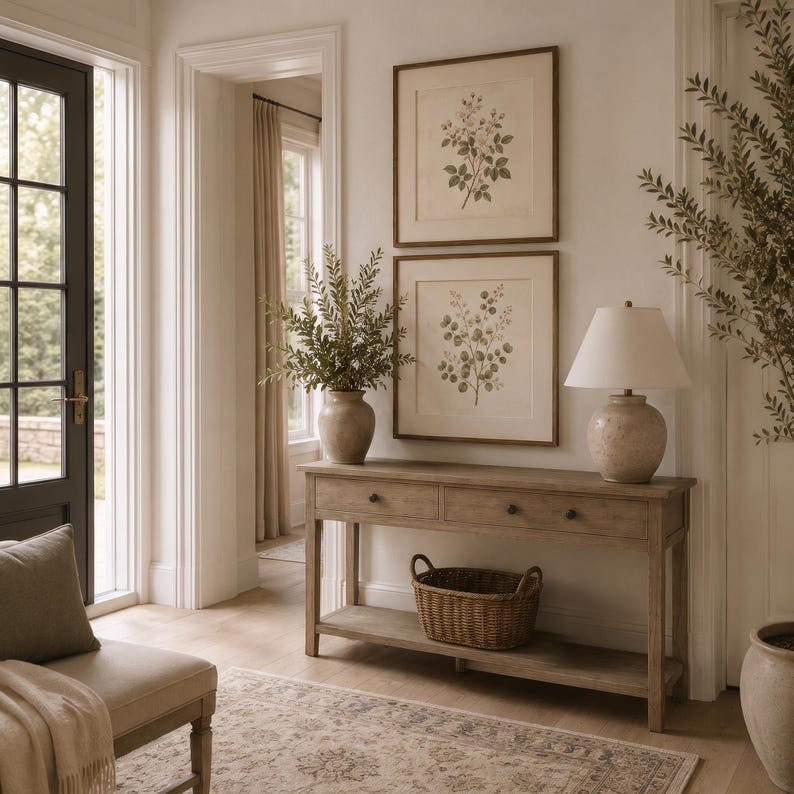 May include: A light brown wooden console table with two drawers and a lower shelf, featuring a woven wicker basket, a ceramic lamp with a white shade, and two framed botanical prints of green plants hanging on the wall above the table.