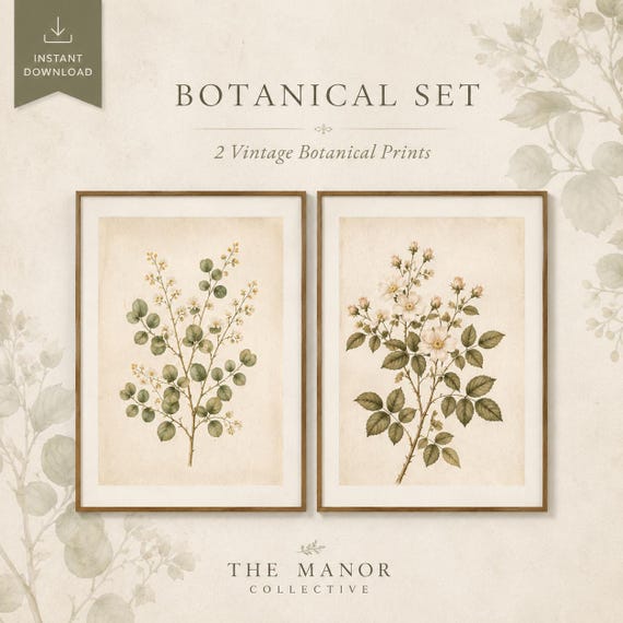 Botanical Bundle Set of 2 Prints | Vintage Botanical Wall Art | Cottagecore Decor | Printable Plant Art | Instant Download