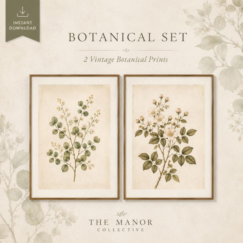 Vintage botanical flower and foliage artwork designed as a matching wall decor bundle.