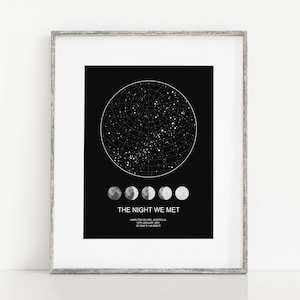 Impresión de mapa estelar de la noche en que nos conocimos, impresión de carta estelar, mapa del cielo nocturno, impresión de mapa estelar personalizado, impresión de constelación, regalo de Navidad, fases de la luna