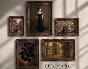 Puede incluir: Un conjunto de cinco láminas artísticas en marcos ornamentados de color marrón oscuro. La colección incluye el retrato de una persona con vestido negro, una escena de canal, un jarrón con flores de cerezo, un lirio negro y un sendero.