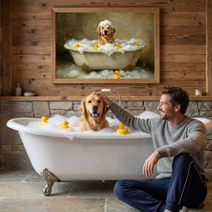 Aangepast huisdierportret in bubbelbad, grappige hond of kat schilderij, gepersonaliseerde huisdier kunst aan de muur, uniek huisdier minnaar cadeau, badkamerinrichting