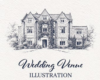 Puede incluir: Un boceto a tinta en blanco y negro de una mansión de piedra de varios pisos con techos a dos aguas y hiedra trepadora. Debajo del edificio, el texto dice Wedding Venue ILLUSTRATION en letras cursivas y de molde.