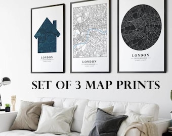 Lot de 3 cartes de la ville personnalisées, affiches de carte personnalisées, carte de la ville personnalisée, cadeau d'art mural pour voyageur, n'importe quel endroit, carte des rues de la ville, décoration minimaliste