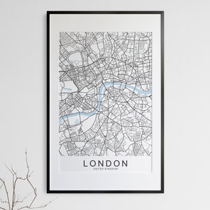 Mapa de la ciudad de Londres imprimible, póster de arte de pared con mapa oscuro en blanco y negro, decoración de oficina minimalista moderna, archivo digital del Reino Unido