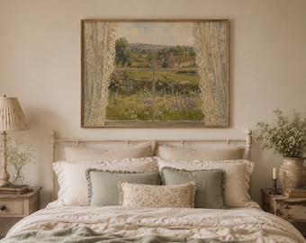 May include: A rectangular framed wall art print depicting a landscape view through a window with sheer lace curtains. The scene shows a green meadow, stone walls, and distant houses under a soft sky. The frame is a light wood tone.
