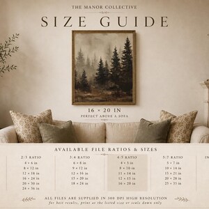 May include: A size guide chart for The Manor Collective featuring a framed landscape painting of a misty pine forest. The text lists available file ratios and sizes in inches, including 1:1, 2:3, 3:4, 4:5, and 5:7 ratios, plus international A-series paper sizes.