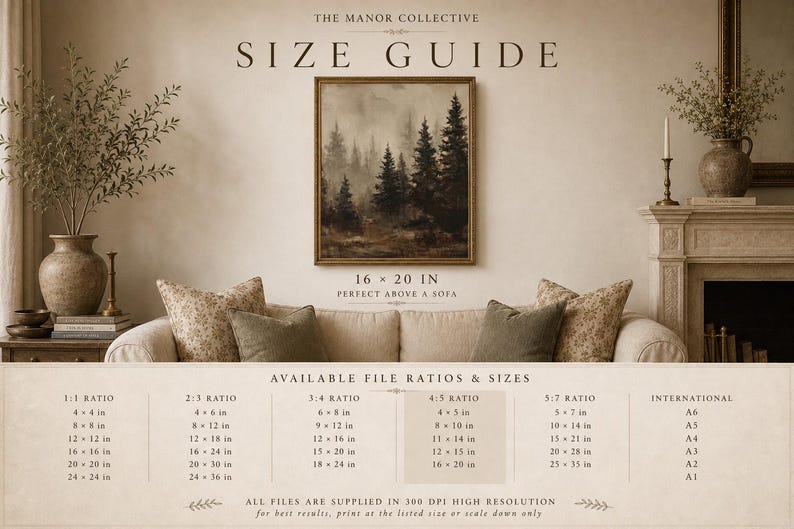 May include: A size guide chart for The Manor Collective featuring a framed landscape painting of a misty pine forest. The text lists available file ratios and sizes in inches, including 1:1, 2:3, 3:4, 4:5, and 5:7 ratios, plus international A-series paper sizes.
