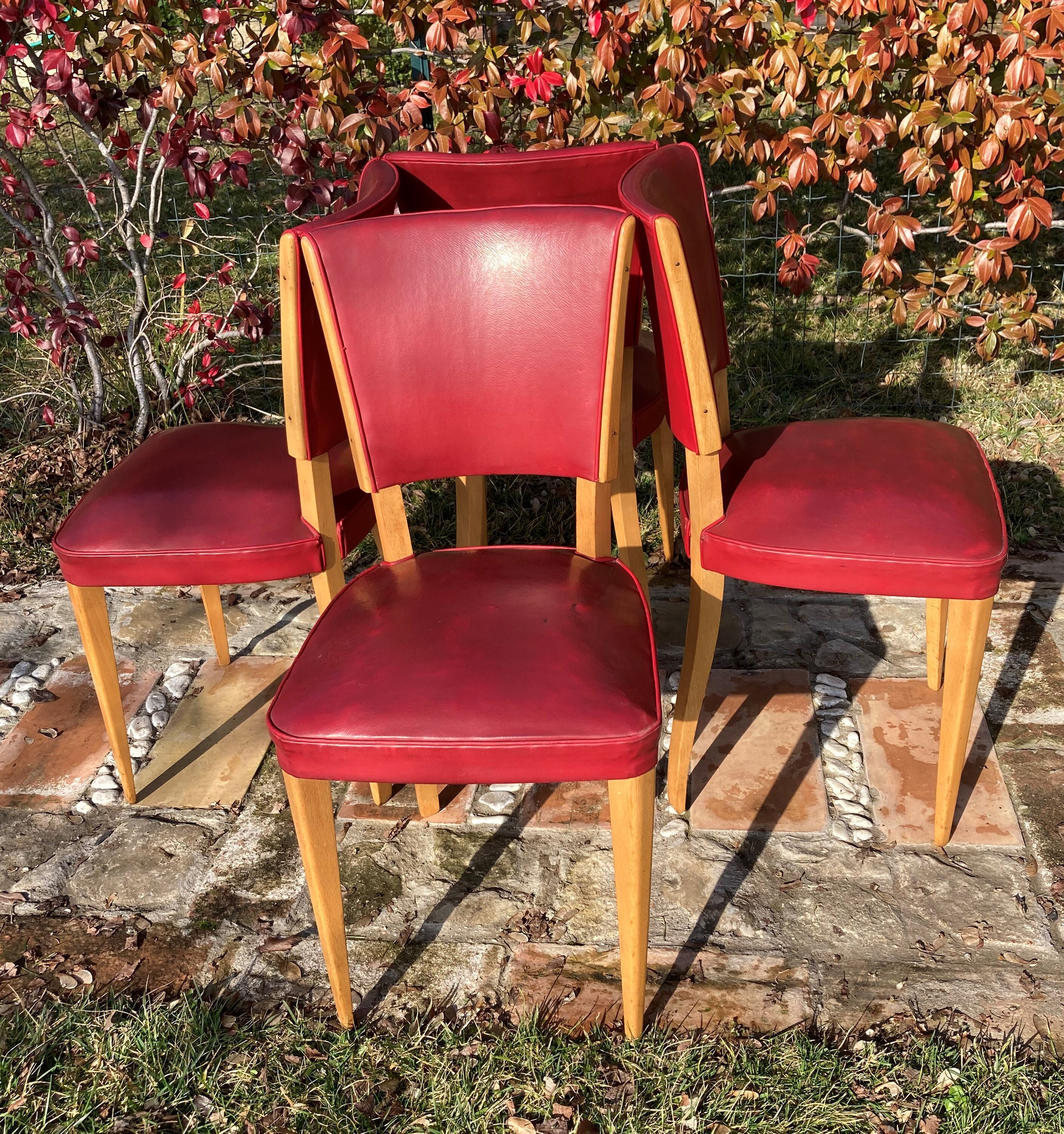 ヴィンテージチェア4脚セット レッドレザー オリジナル 40年代ブナ材