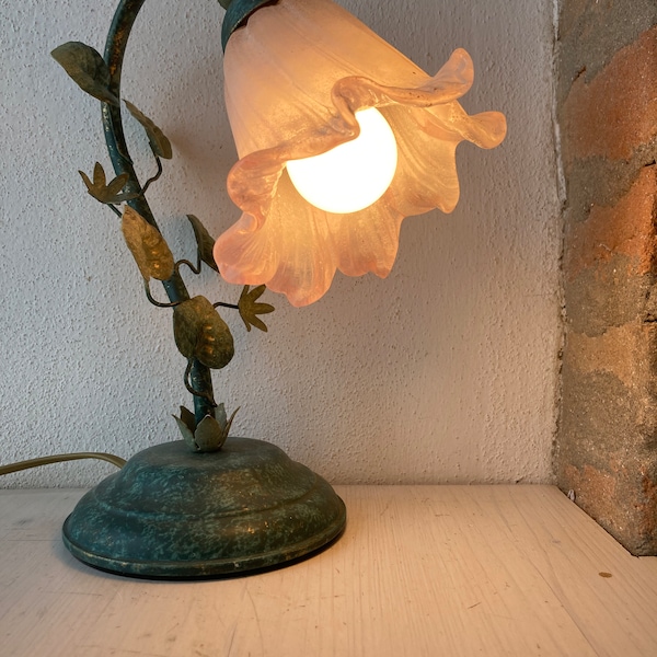 Vintage Abat Jour Art Nouveau Style Wought Iron Lamp Flower Glass 80s