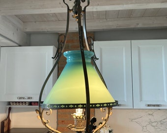Vintage Chandelier Vought Iron Opaline Glass 1920s Large Size